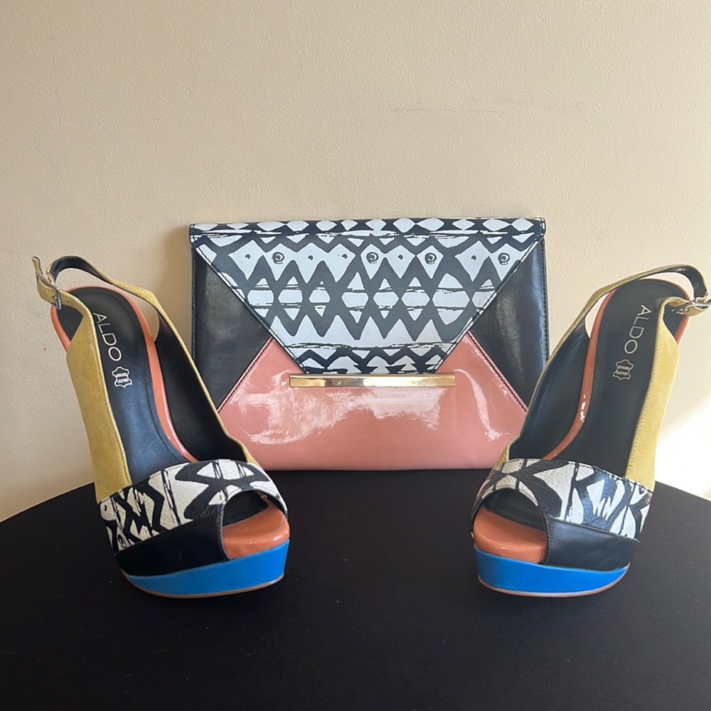 Aldo Platform Peep Toe Sling Back Heel in Black, Yellow, Blue, Orange w/ Clutch